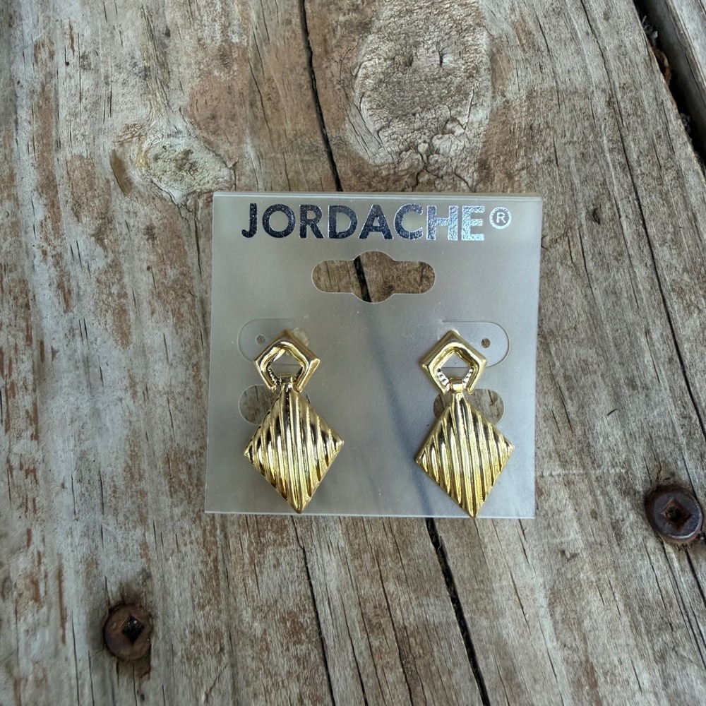 Jordache Drop Earrings Womens Gold Tone Geometric Ribbed Diamond Vintage 90s